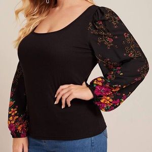 Floral Print Sleeve Rib-Knit Tee